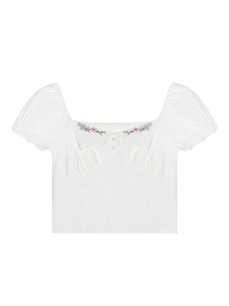 White Square Neck Embroidered Puff Sleeve Shirt