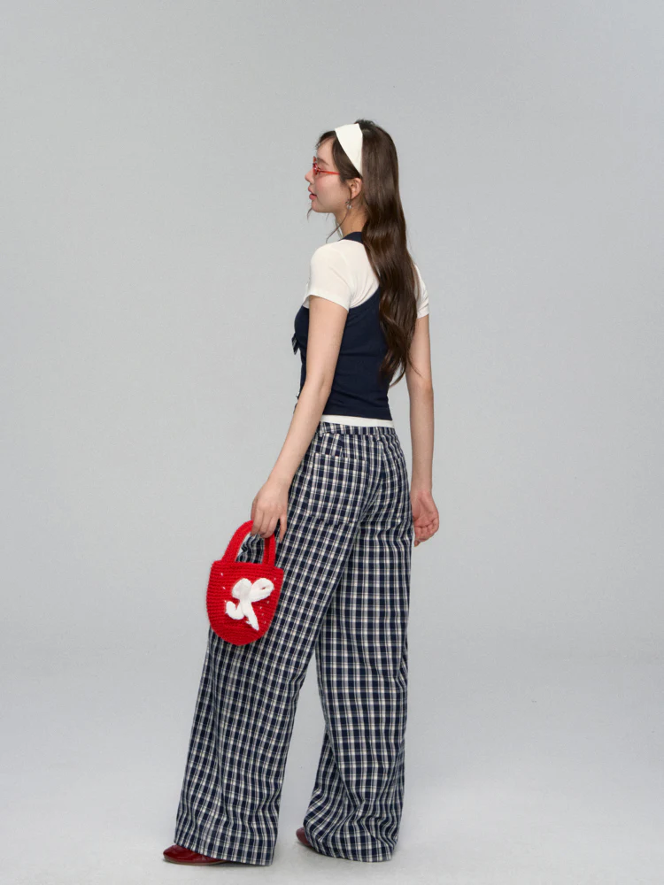 White Waistband Spliced Plaid Trousers