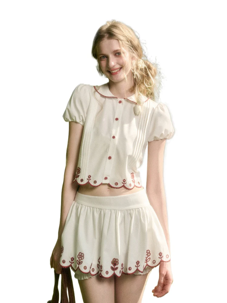 Lace Embroidery Airy Shirt & Skirt Set