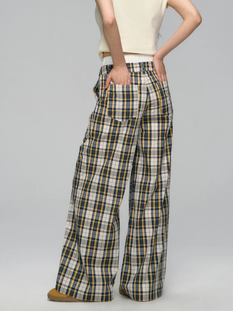 White Waistband Spliced Plaid Trousers