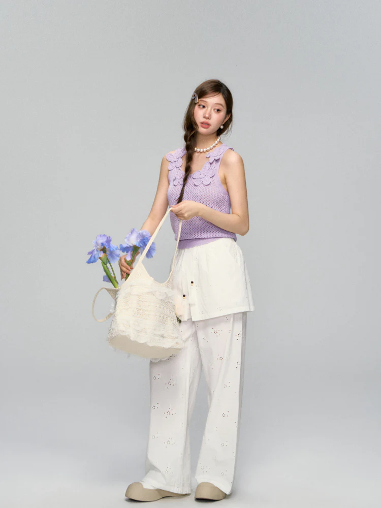 Hollow-Out Fauk Two Piece High-Waist Pants