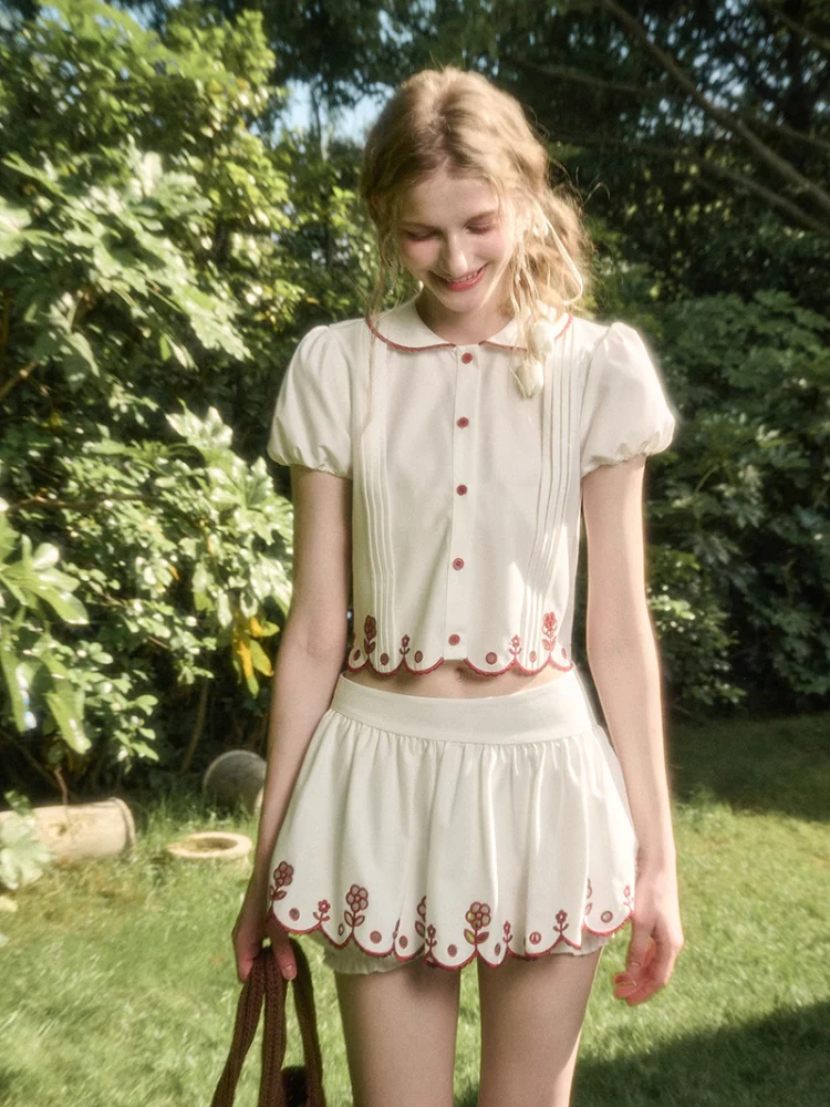 Lace Embroidery Airy Shirt & Skirt Set