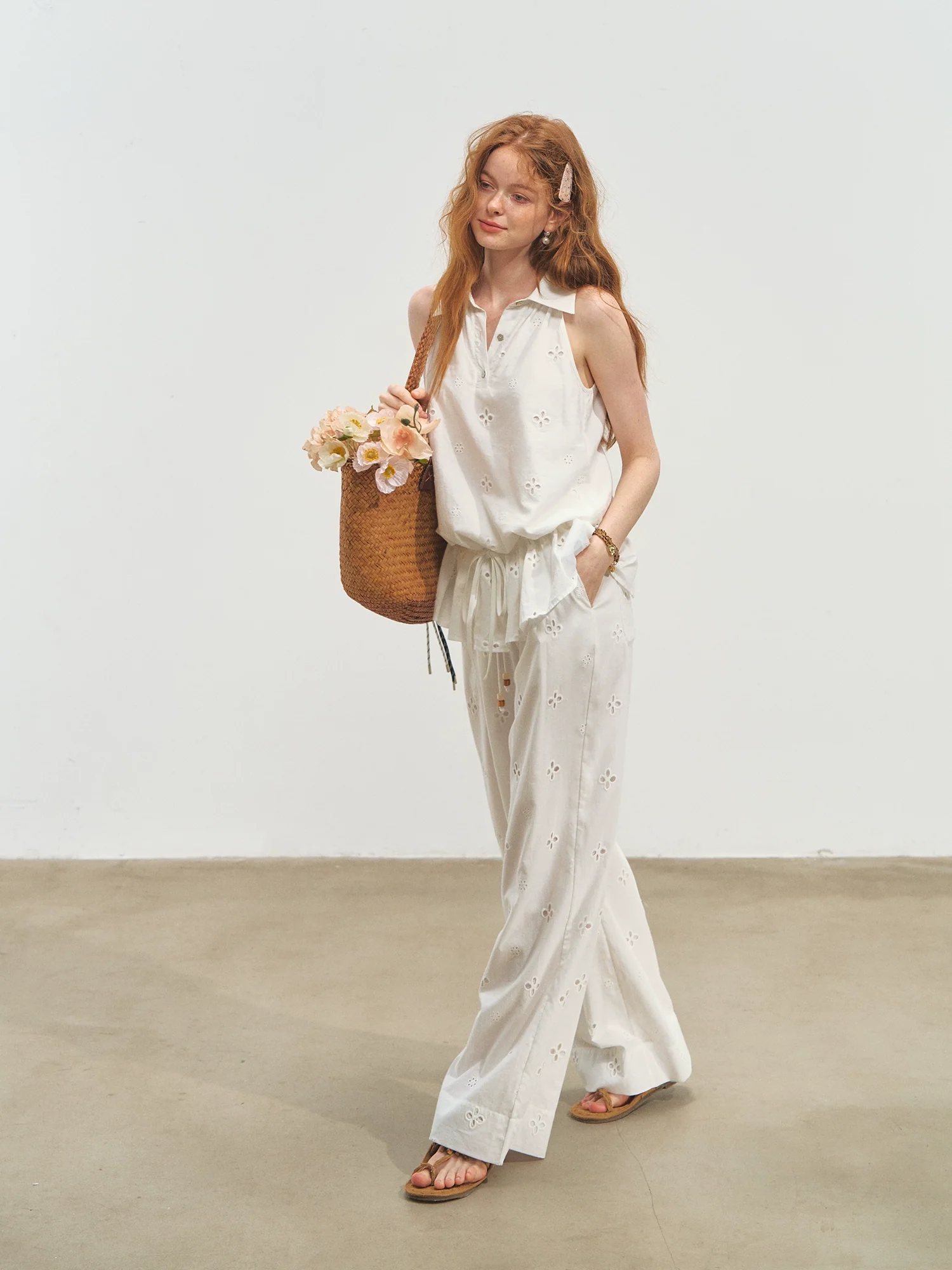 French-Style Printed Sleeveless Halter Tie-Up Top