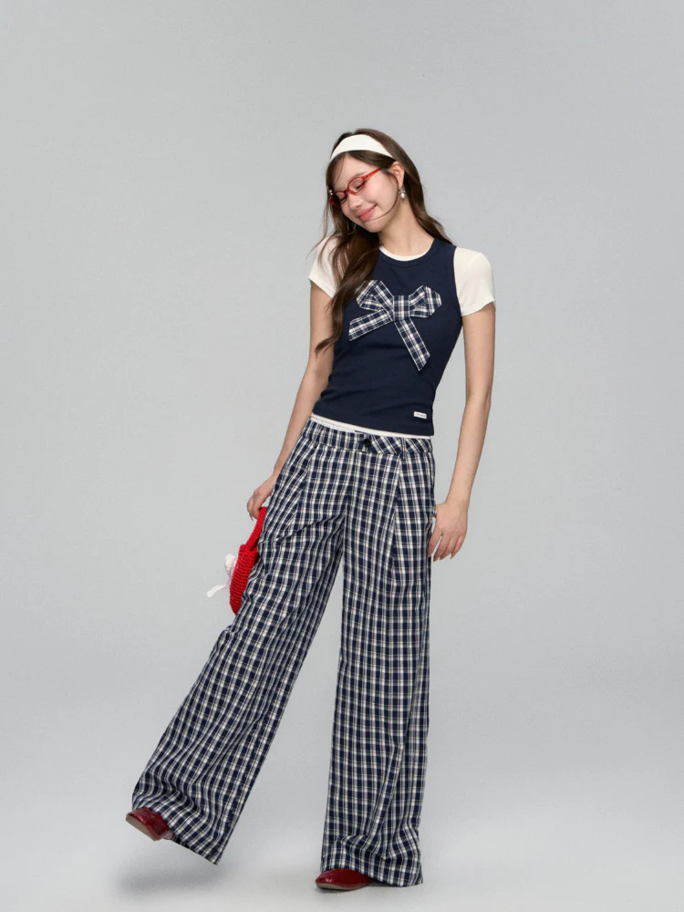 White Waistband Spliced Plaid Trousers