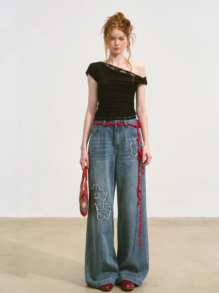 Raw-edge Flower-Patch Straight-leg Jeans