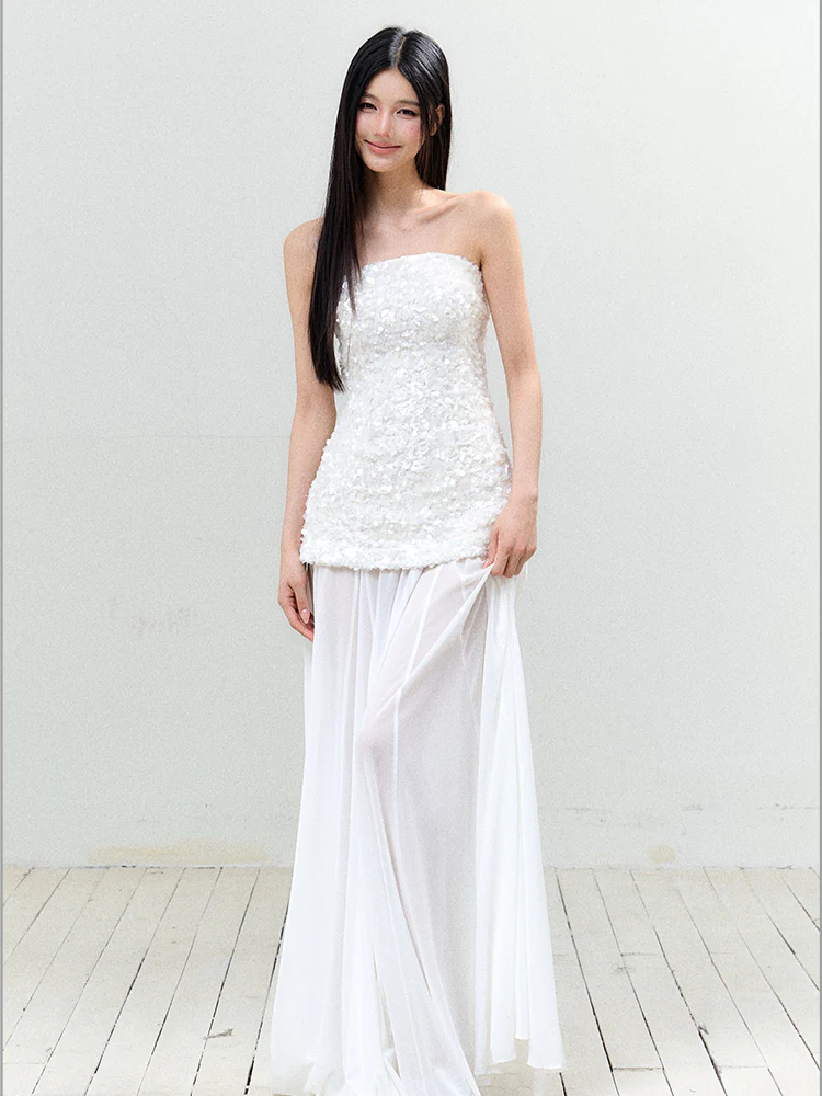 Sequin Mesh Strapless Dress
