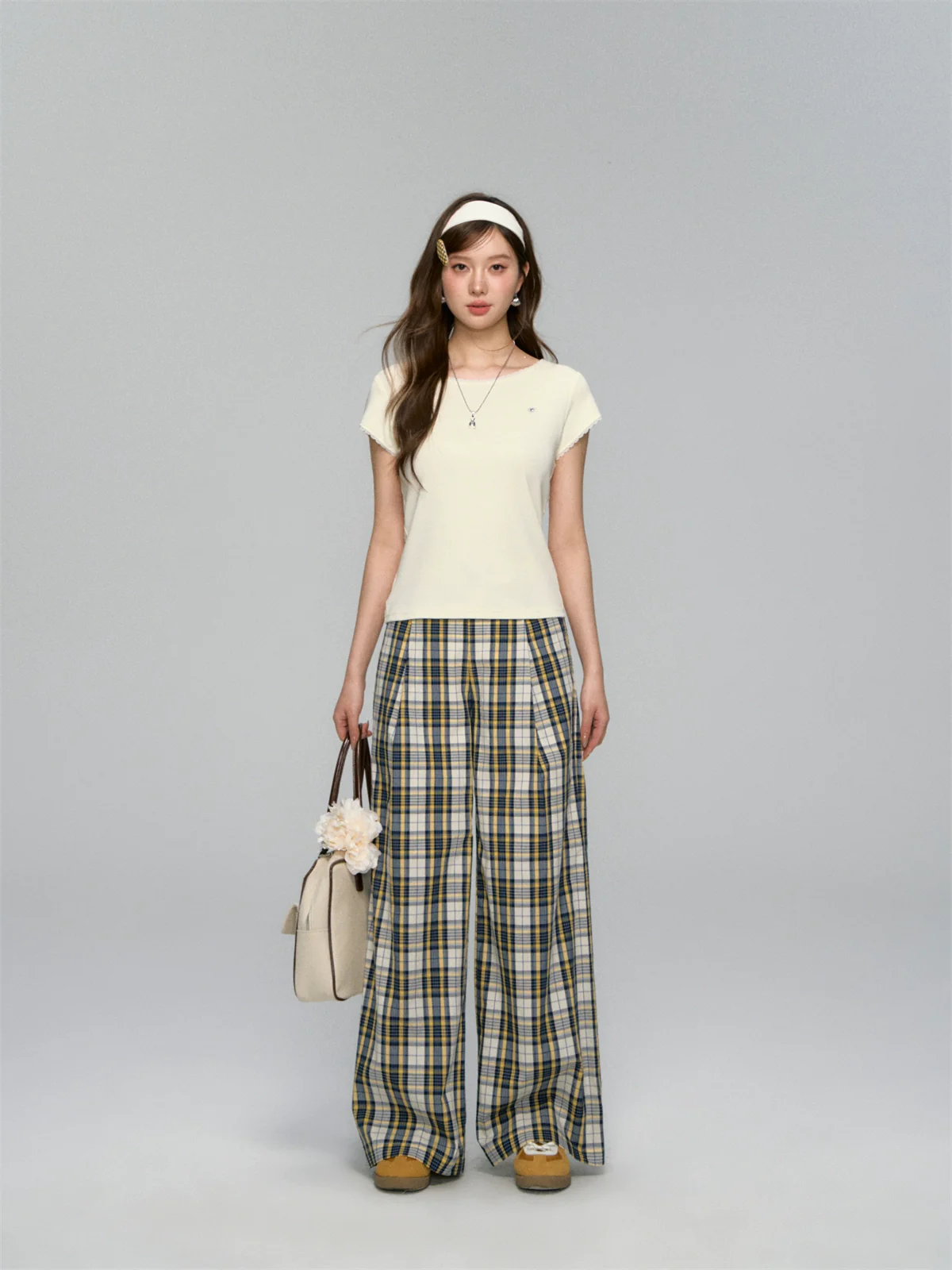 White Waistband Spliced Plaid Trousers