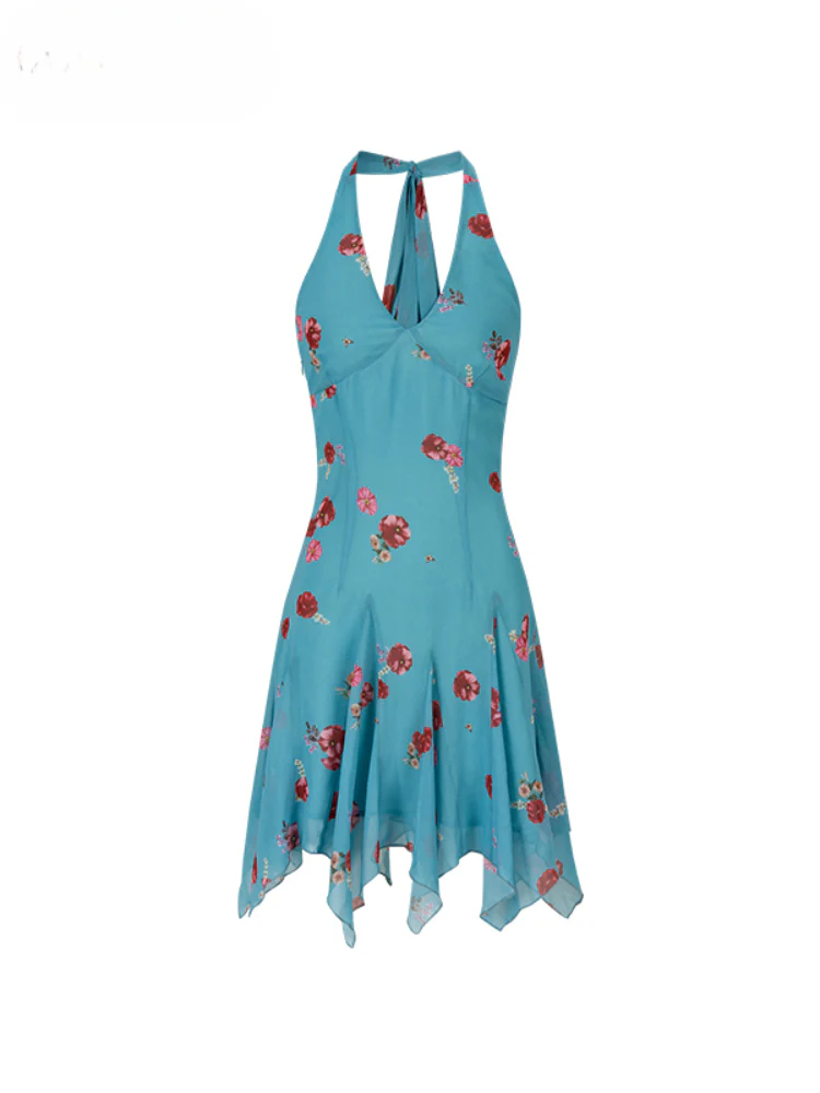 Blue Halter Printed Dress