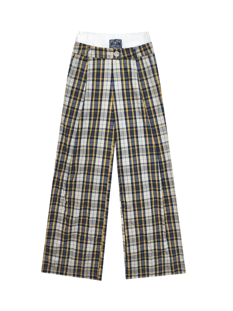 White Waistband Spliced Plaid Trousers
