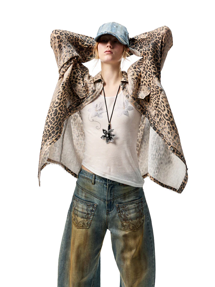 Washed Distressed Leopard Print Shirt