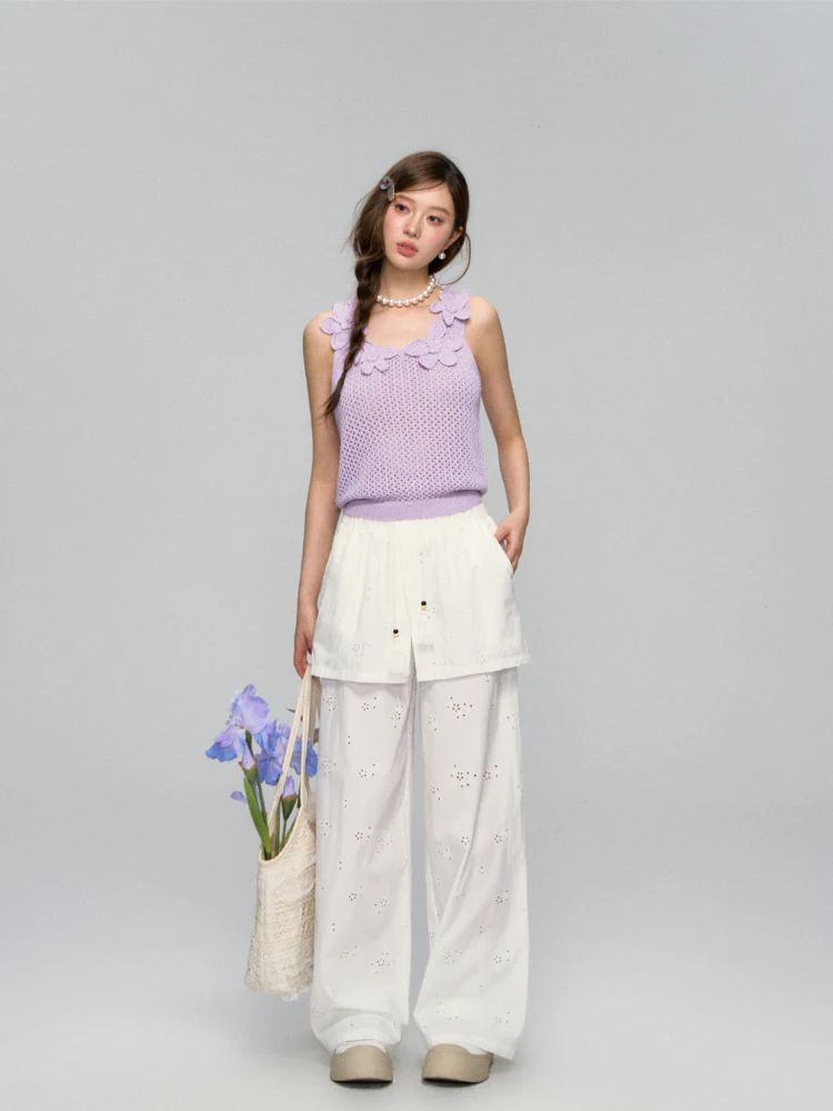Hollow-Out Fauk Two Piece High-Waist Pants