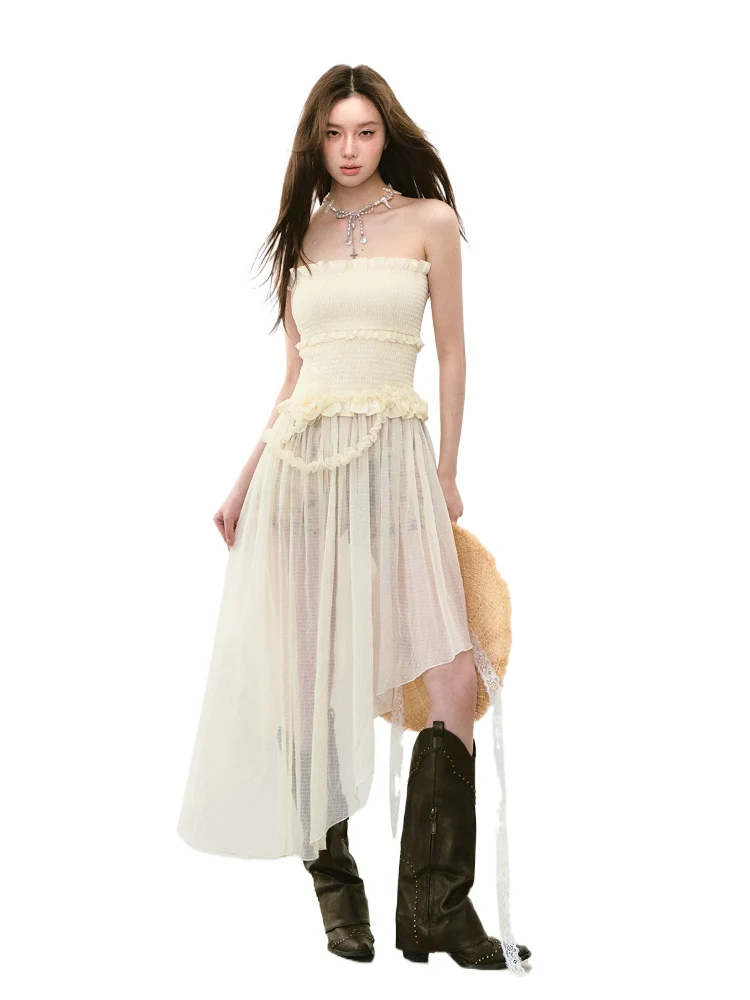 Irregular Strapless Mesh Dress