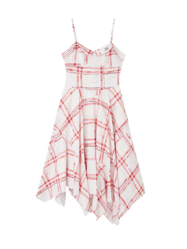 Plaid Irregular Waist-Cinching Spaghetti Strap Dress