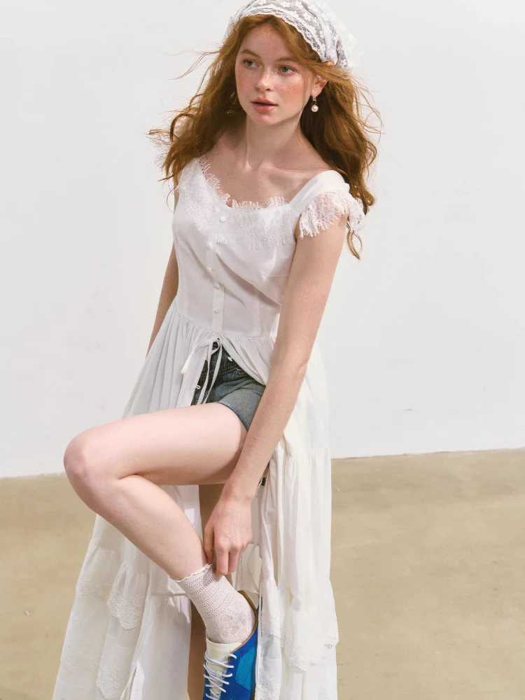 Flutter-Sleeve Waist-Cinching Strapless Dress