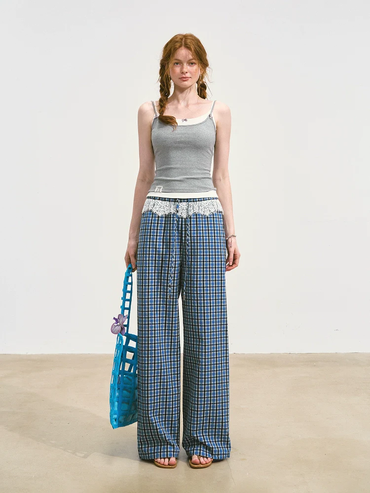 Blue Lace-Spliced Ruffled Plaid Wide-Leg Pants