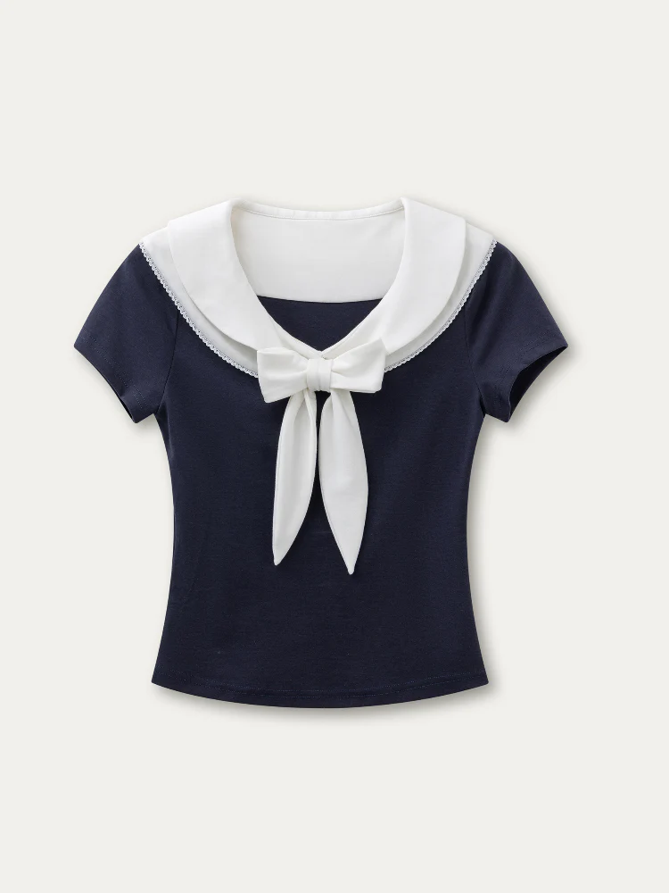 Bow-neck Contrast-color Skin Friendly Cotton T-shirt