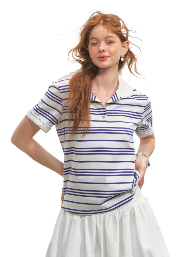 Striped Lace Short-Sleeve Polo Neck T-Shirt