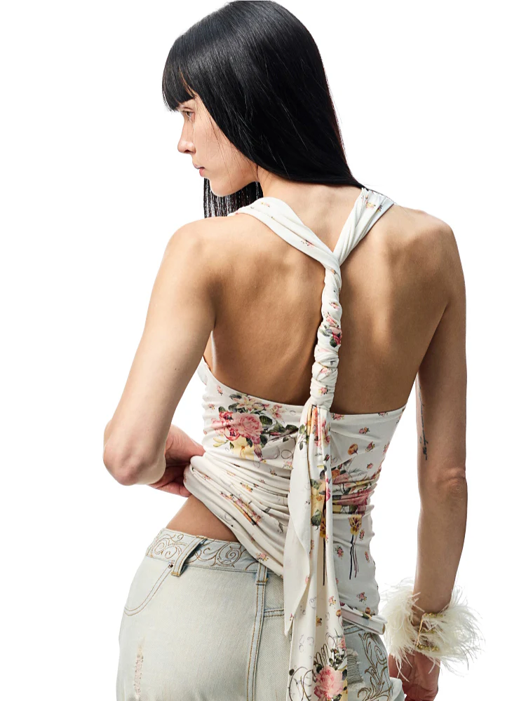 V-Neck Draped Collar Back Knot Tank Top