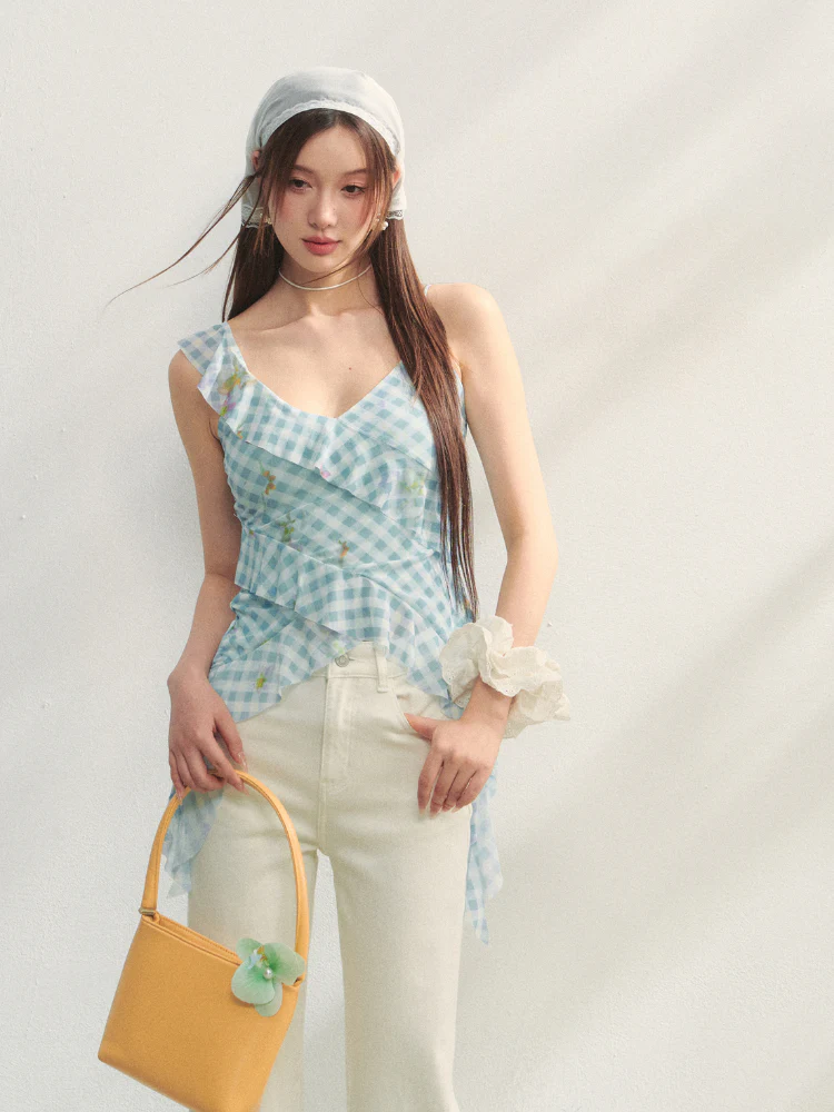 Blue Checkered Ruffled Print Slip Top