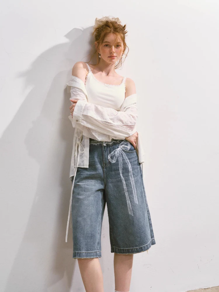Imitation-Lace Printed High-Waist Denim Mid-Length Pants
