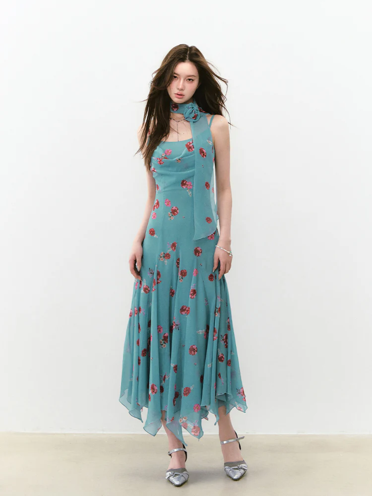 Flowing Flower Waist-cinched Cowl-neck Dress
