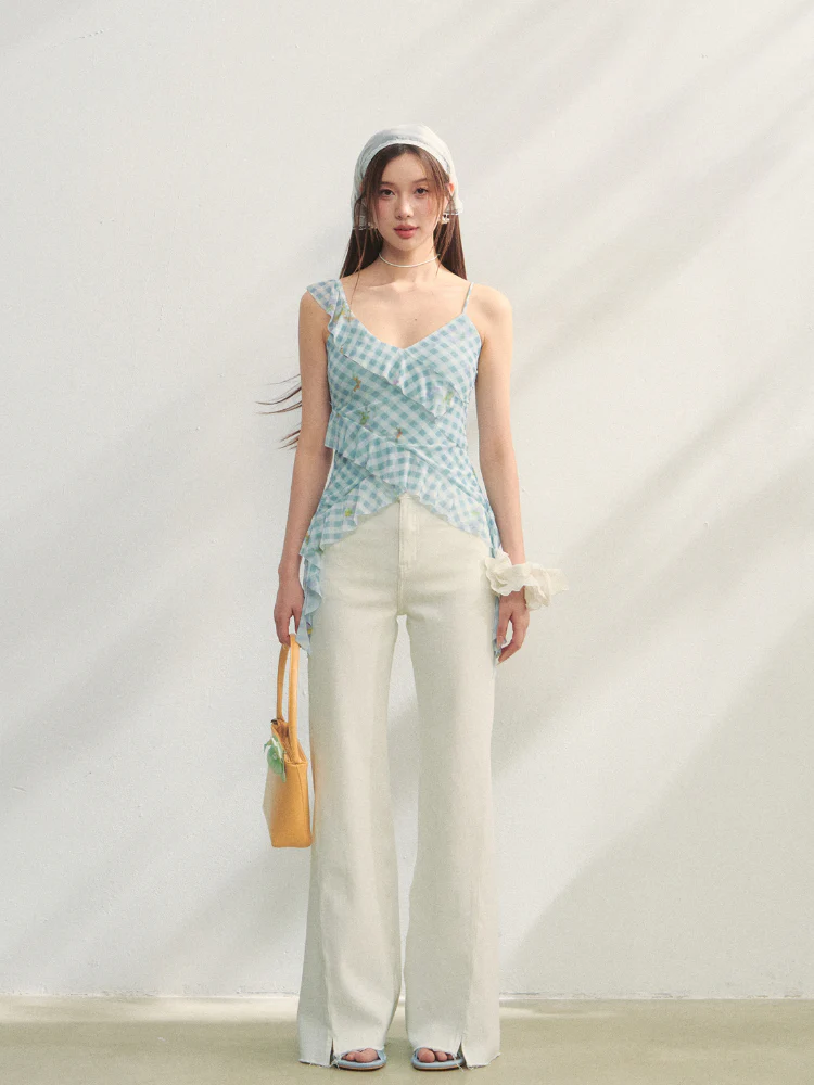 Blue Checkered Ruffled Print Slip Top