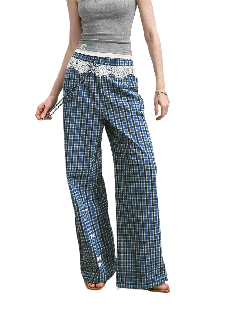 Blue Lace-Spliced Ruffled Plaid Wide-Leg Pants