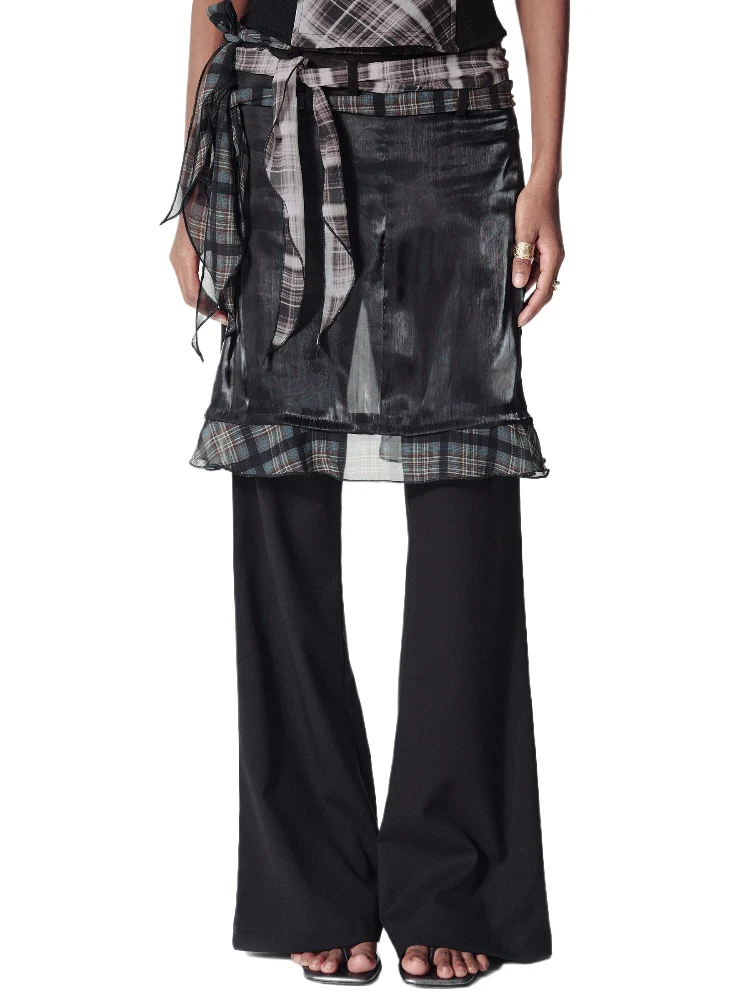 Contrast Plaid Ribbon-pieced Ruffled Skort