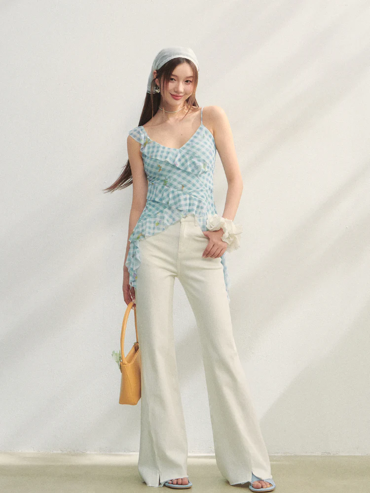 Blue Checkered Ruffled Print Slip Top