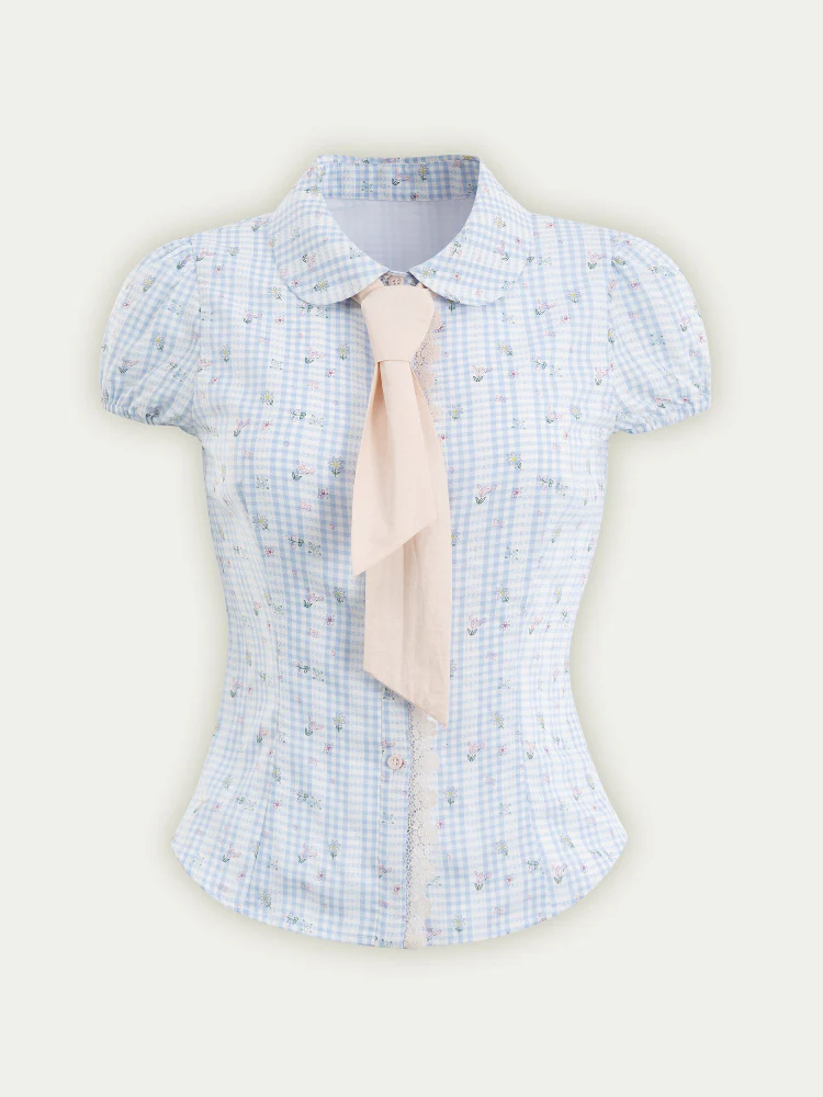 Blue Floral Contrast Check Shirt & Skirt Set