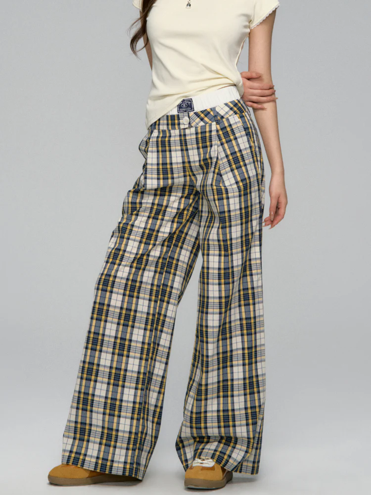 White Waistband Spliced Plaid Trousers