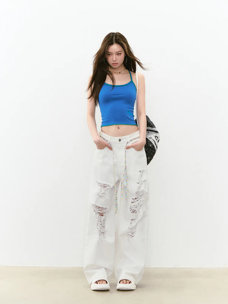 White Rhinestones Ripped Jeans