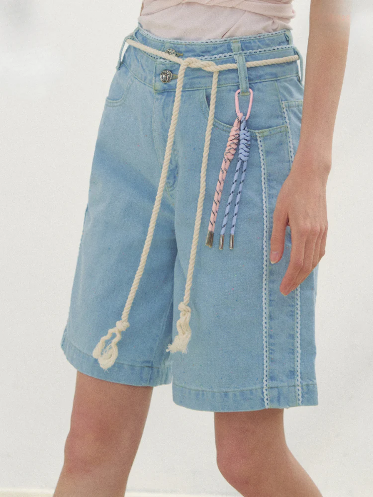 Lace-adorned Polka-dot Denim Capri Pants