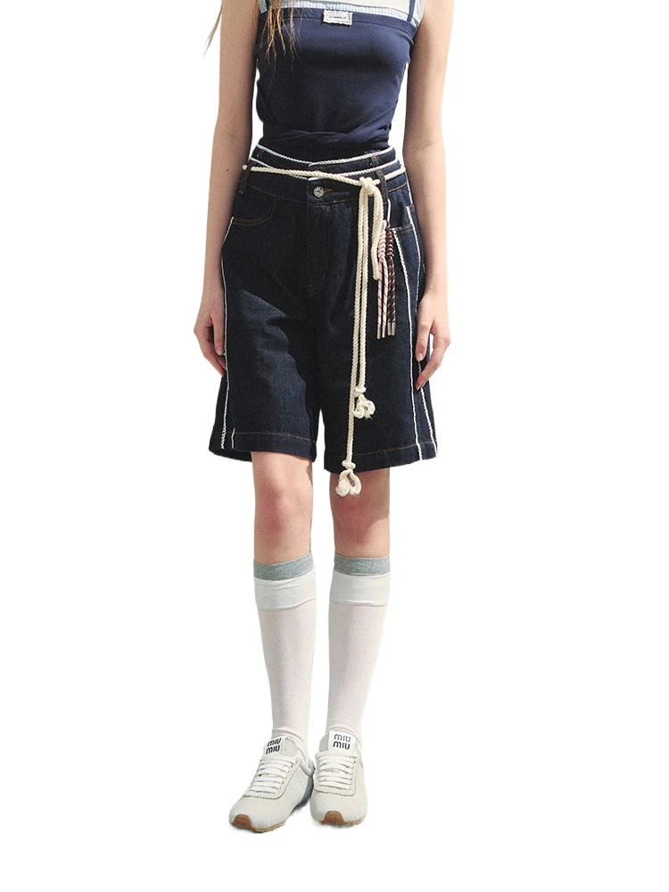 Lace-adorned Polka-dot Denim Capri Pants