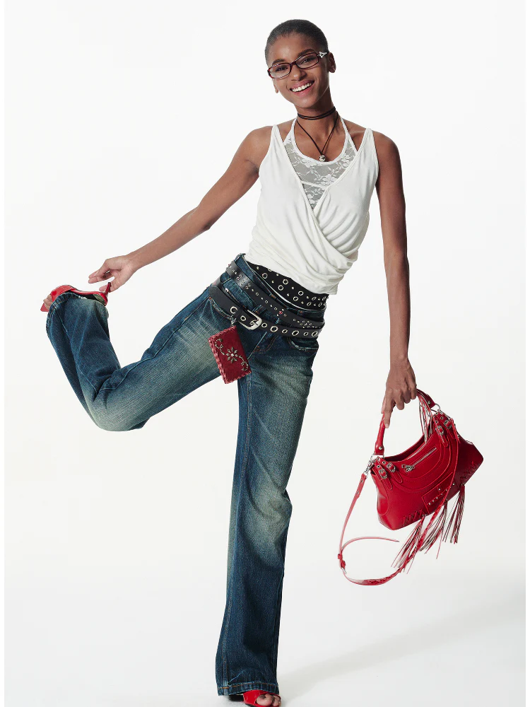 Distressed Washed Contrast Low-Waist Jeans