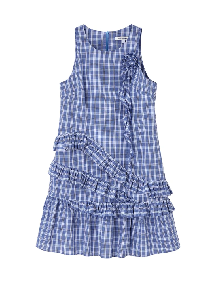 Irregular Plaid Ruffled Sleeveless Dress