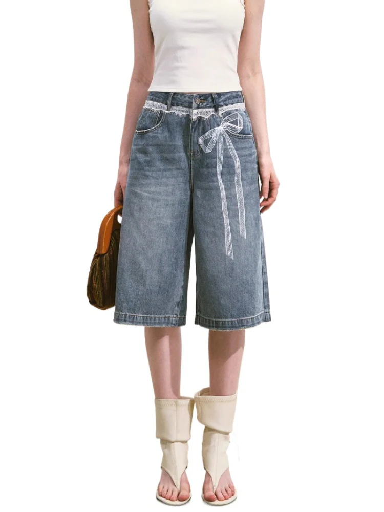 Imitation-Lace Printed High-Waist Denim Mid-Length Pants