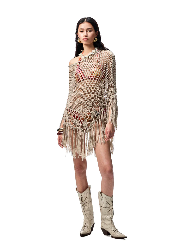 Hollow Out One-Piece Fringed Knit Shrug