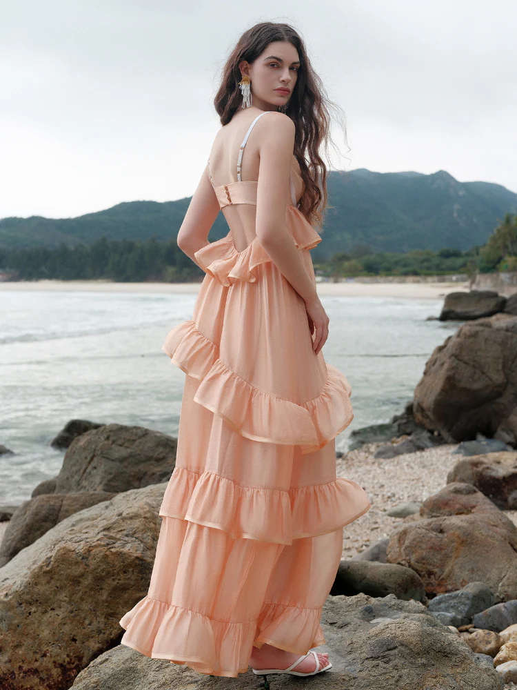 Ruffled Spaghetti Strap Backless Dress