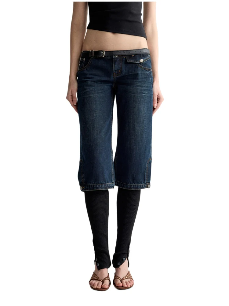 Ultra-Low Waist Straight-Leg Bermuda Jeans