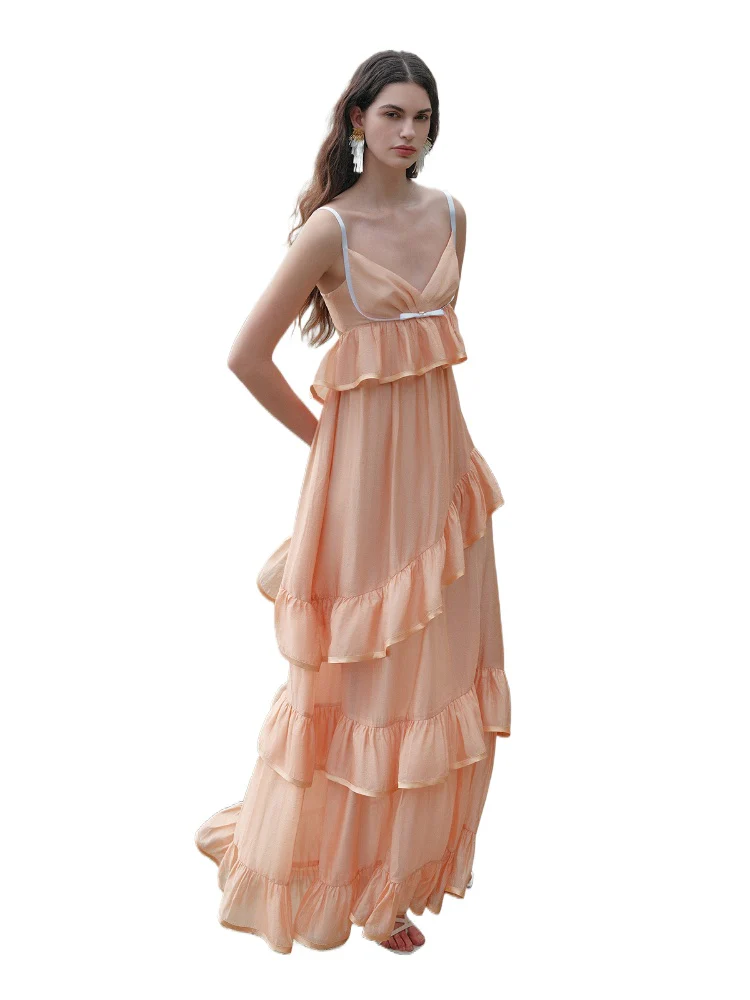 Ruffled Spaghetti Strap Backless Dress