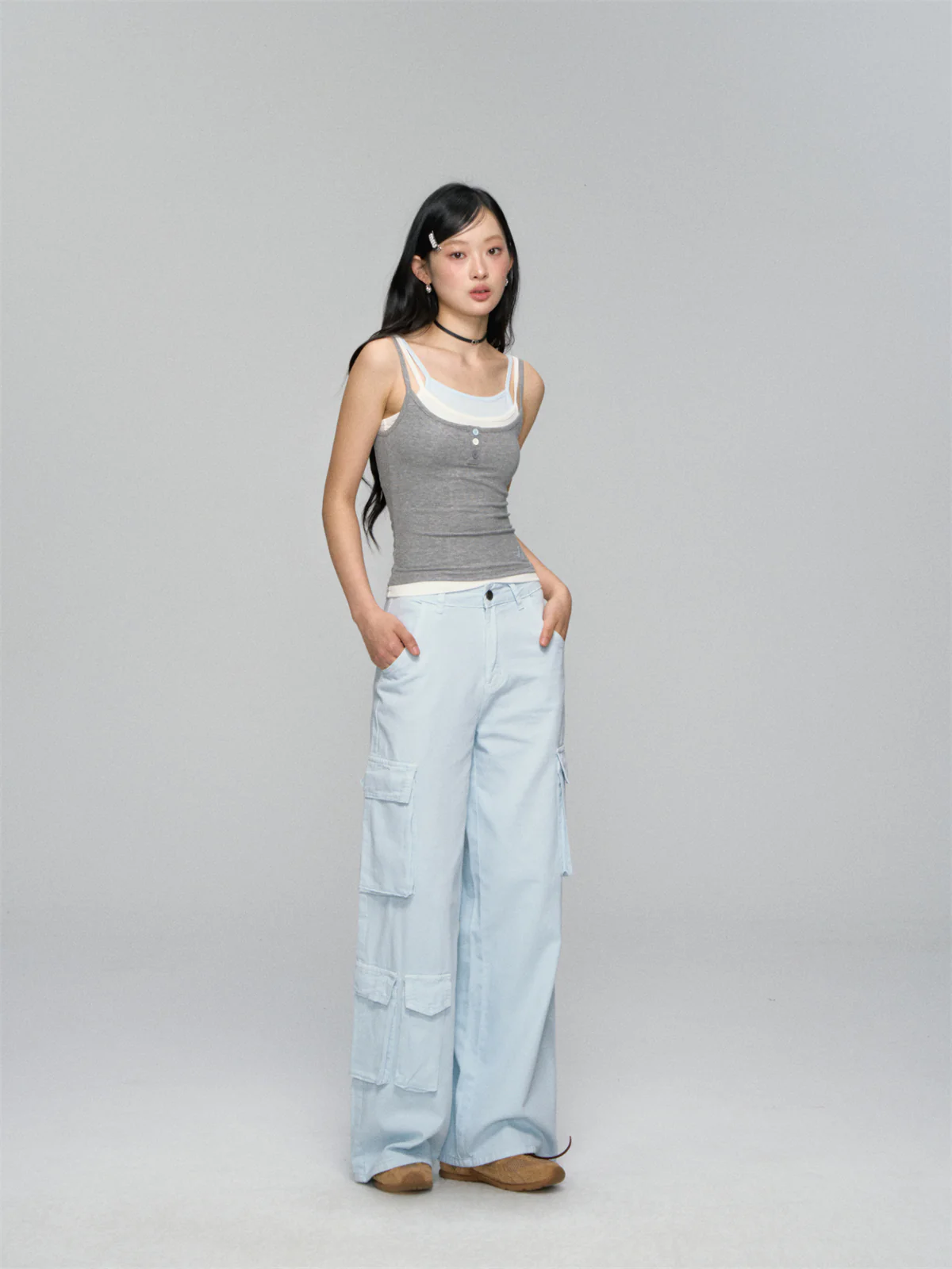 Flap-Back Pocket Utility Wide-Leg Jeans