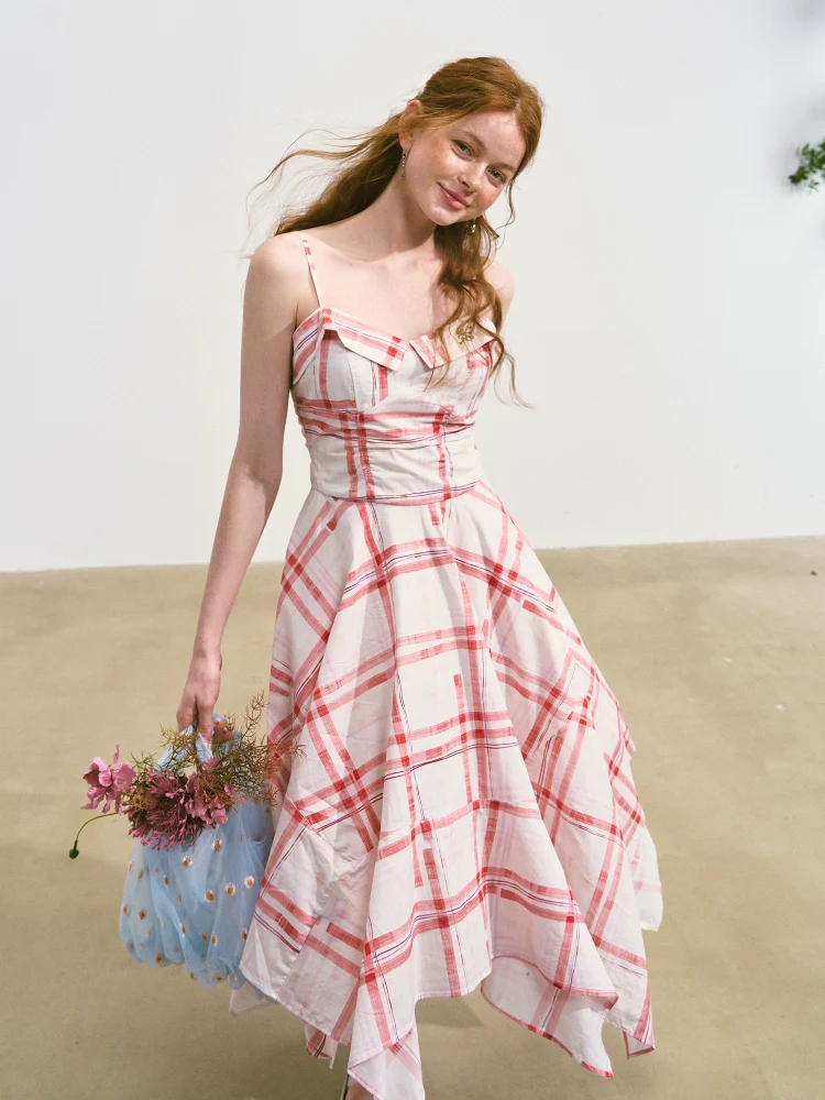 Plaid Irregular Waist-Cinching Spaghetti Strap Dress