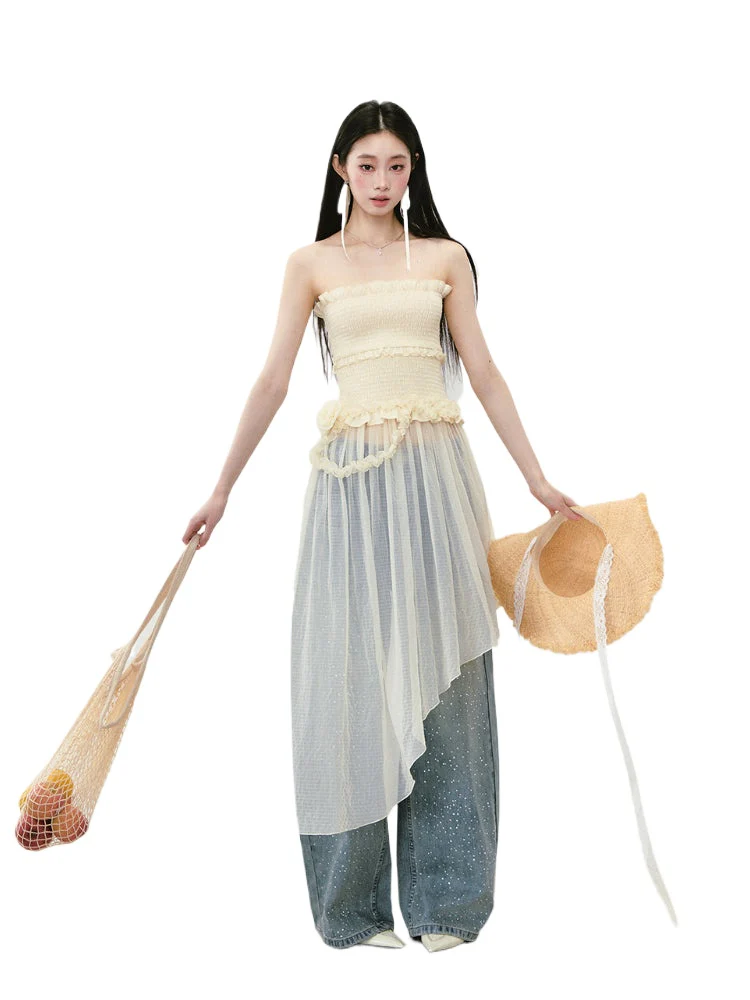 Irregular Strapless Mesh Dress