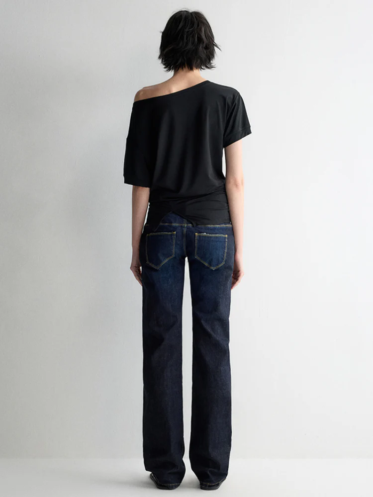 Washed Ultra Low Waist Straight Leg Jeans