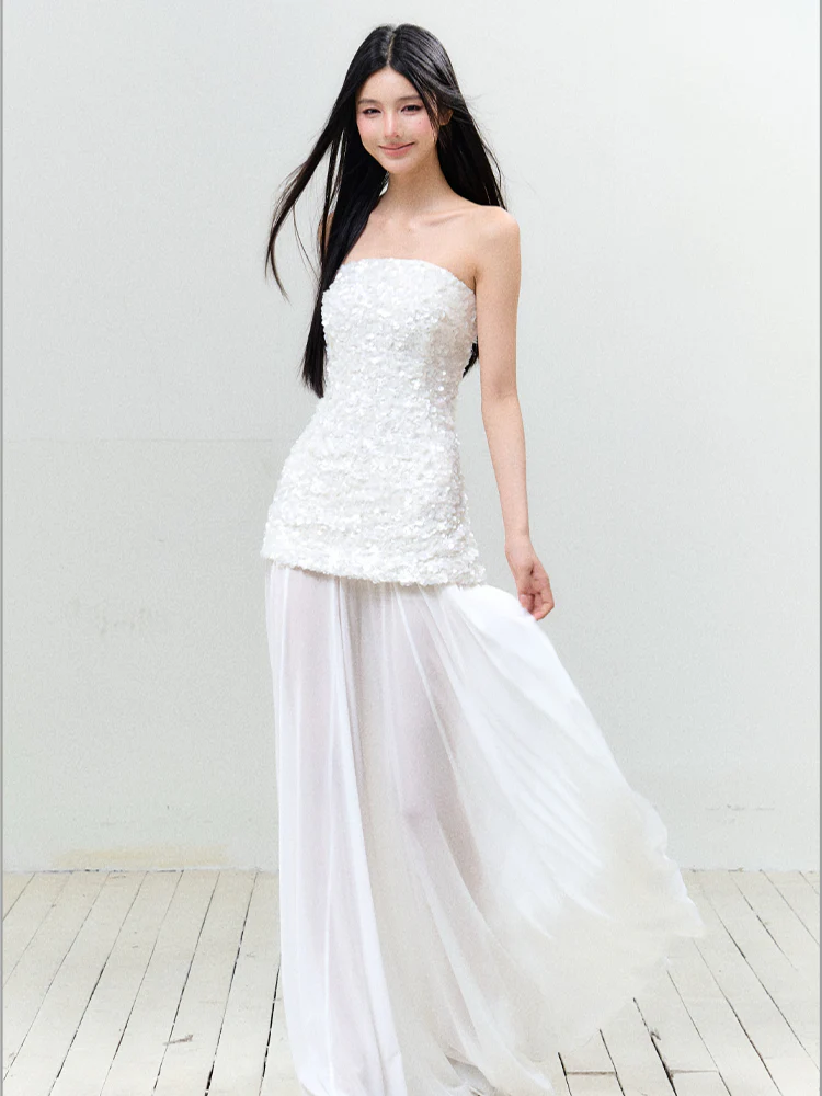 Sequin Mesh Strapless Dress