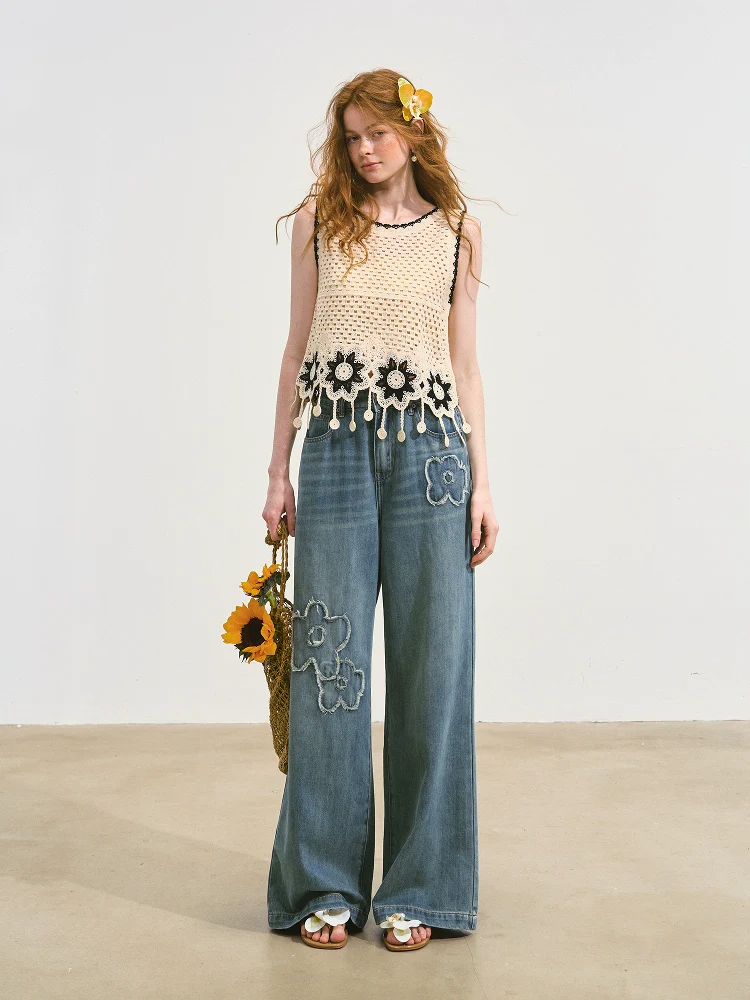 Raw-edge Flower-Patch Straight-leg Jeans