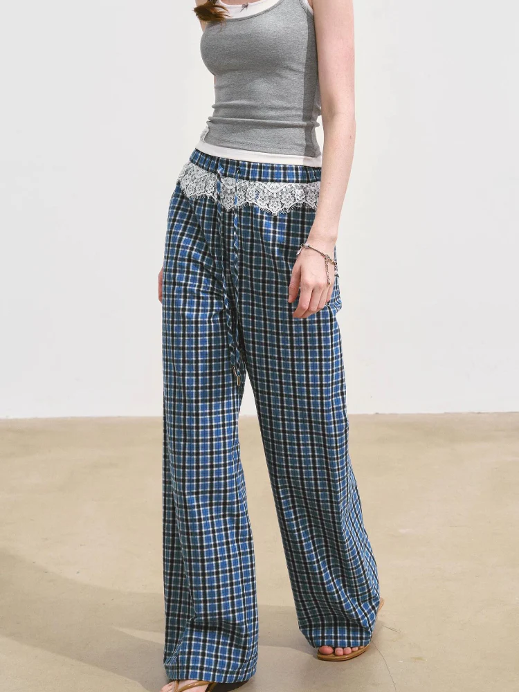 Blue Lace-Spliced Ruffled Plaid Wide-Leg Pants