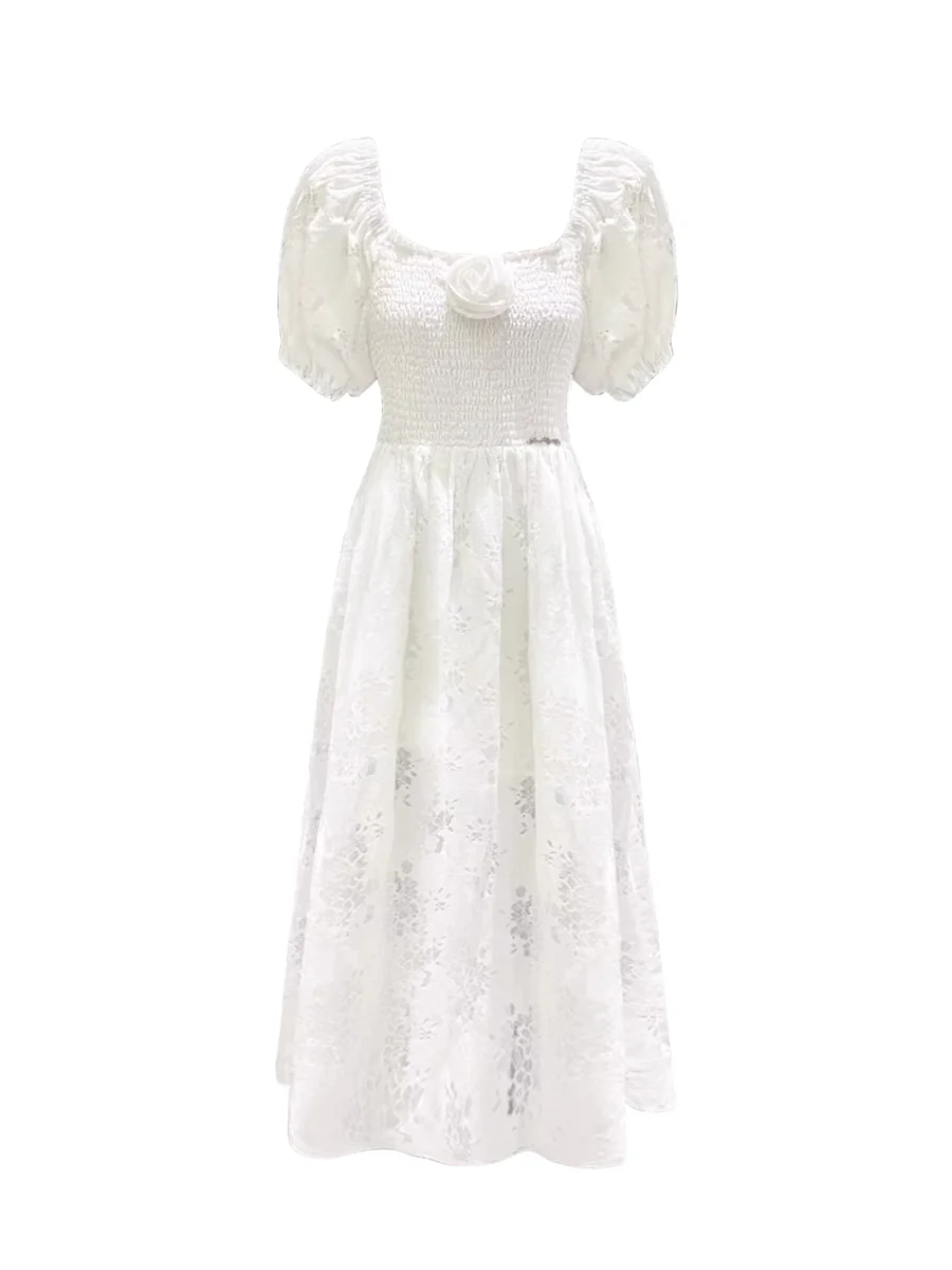 Puff-Sleeve Flower Hollowed Dress