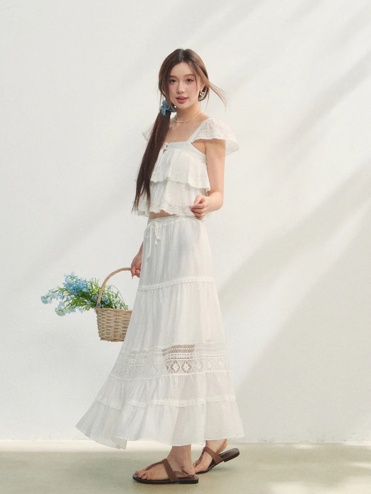 Soft Flutter Sleeve Blouse & Skirt Set